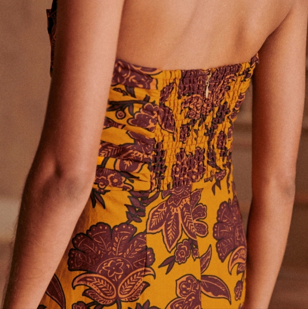 Sezane Pauline Floral Midi Dress- Flowers On Ochre Background - Picture 4 of 12